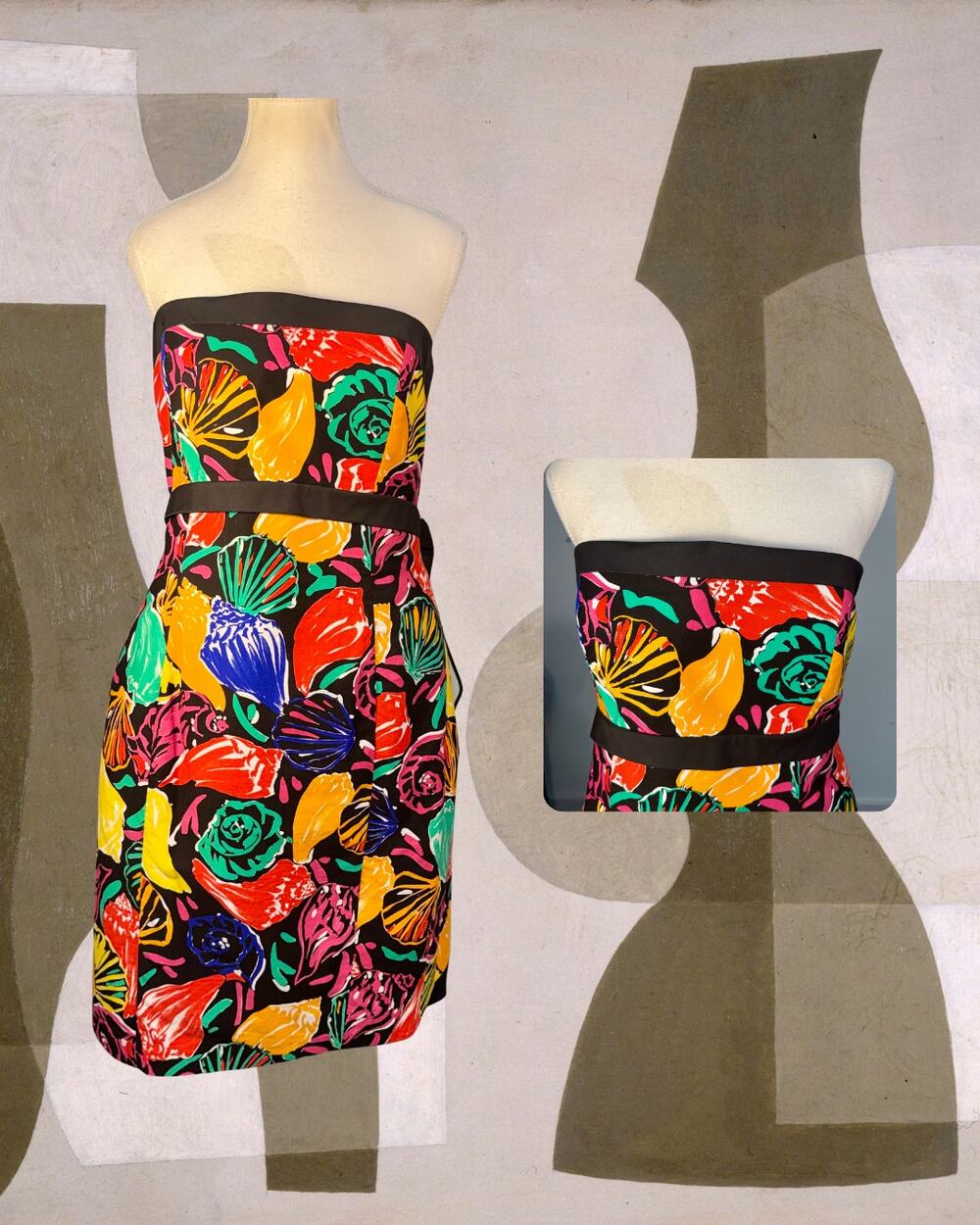 Vintage 80s A.J. Bari Neon Sea Shells Cotton Bow Detail Mini Strapless Dress 12